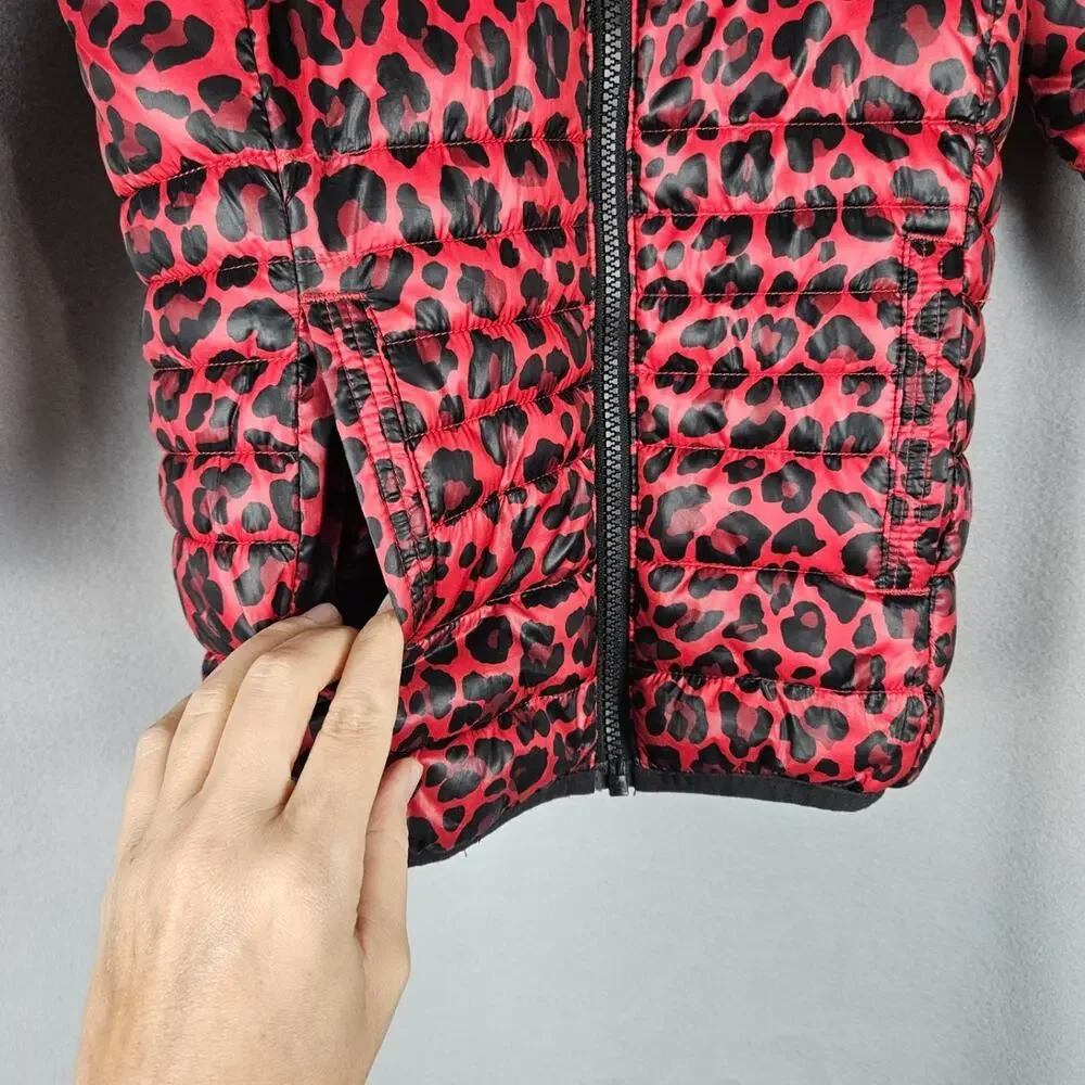 Nike Girls Leopard Print Lined Puffer Jacket Size 4 XS Just Do It Spellout Warm